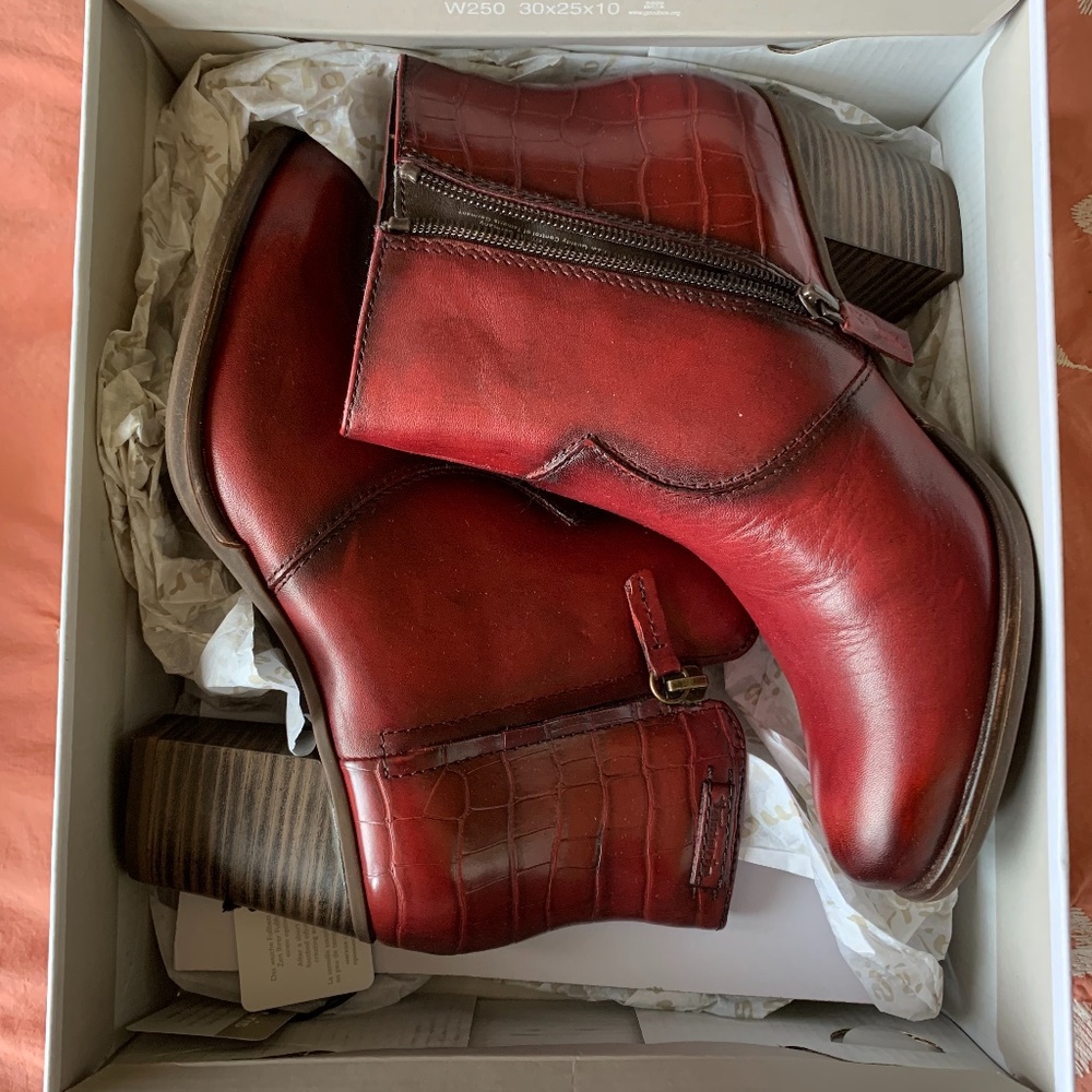 Red leather ankle boots